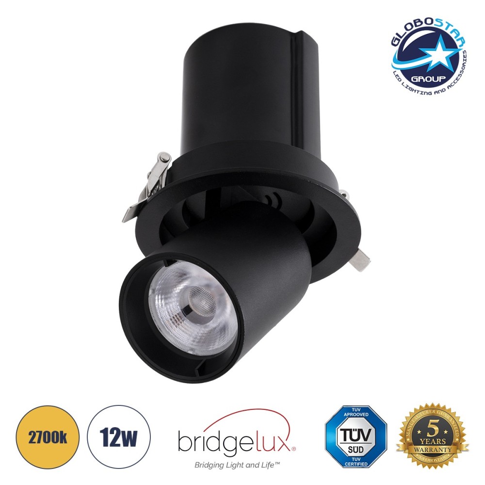 GLOBOSTAR® VIRGO-M 60309 Χωνευτό Κινούμενο Downlight Σποτ LED 12W 1500lm 36° AC 220-240V IP20 Θερμό Λευκό 2700K - Bridgelux COB Chip & TÜV SÜD Driver - Μαύρο Ματ - Μ11 x Π11 x Υ11.5cm - Q9.5cm - 5 Χρόνια Εγγύηση